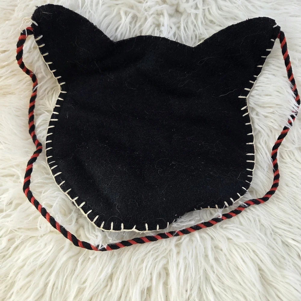 Handmade Vintage TAG Wool Smiling Black Cat Head Crossbody Bag Purse